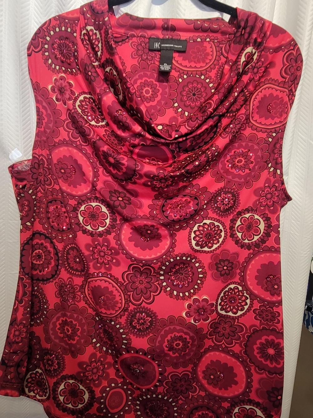INC International Concepts Sleeveless Cowl Neck Top in Red Medallion Print